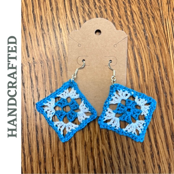Handcrafted Blue & White Crochet Earrings | Square Boho Drops | Artisan Jewelry - Picture 4 of 4